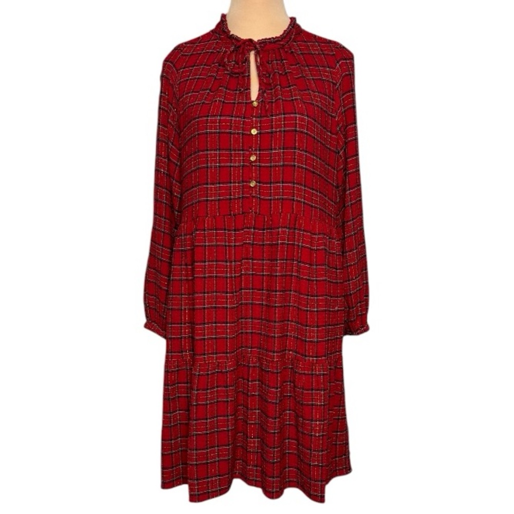 LOFT Red Plaid Long Sleeve Dress